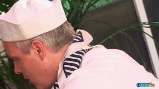 Horny sailor gets to fuck a brunette slut in various poses